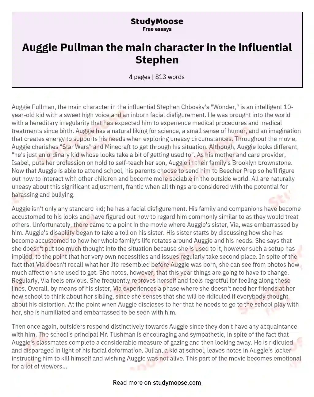 Auggie Pullman the main character in the influential Stephen essay