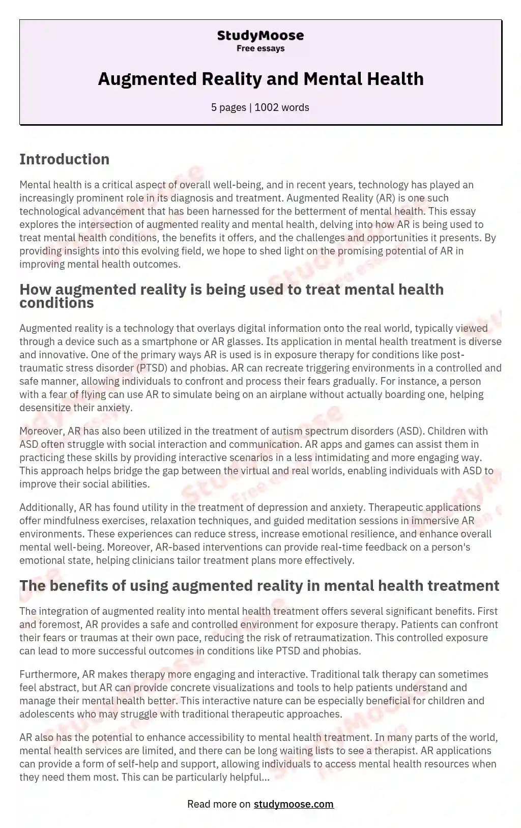 Augmented Reality and Mental Health essay