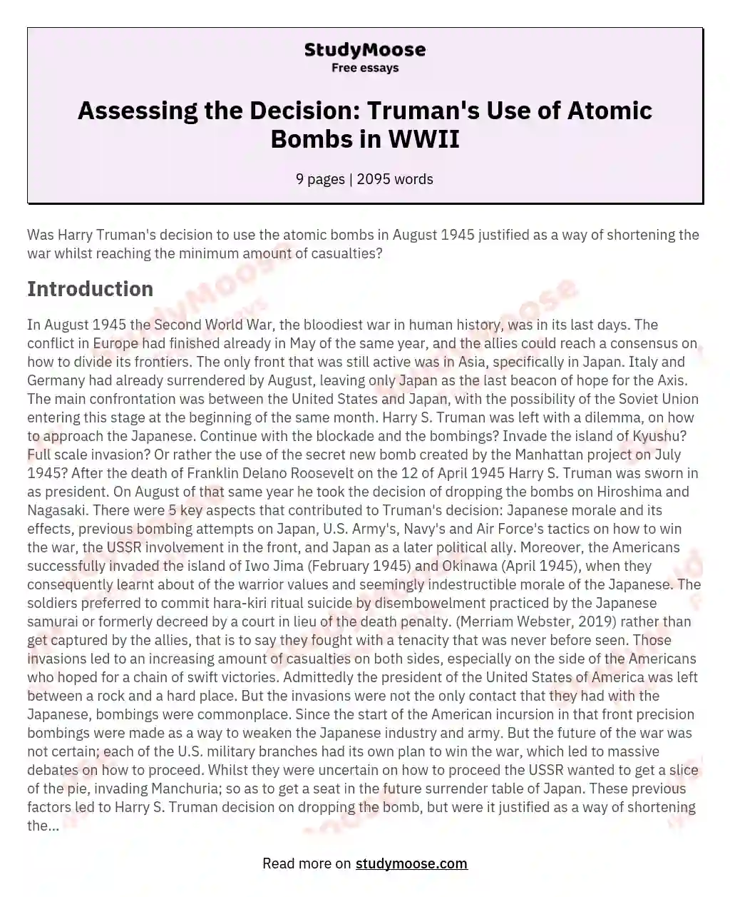 Assessing the Decision: Truman's Use of Atomic Bombs in WWII essay