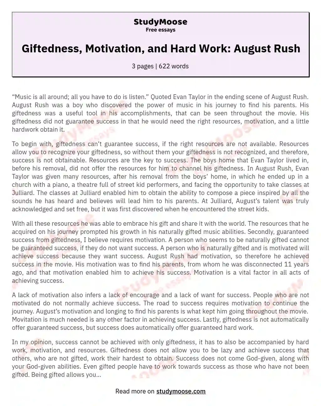 Giftedness, Motivation, and Hard Work: August Rush essay