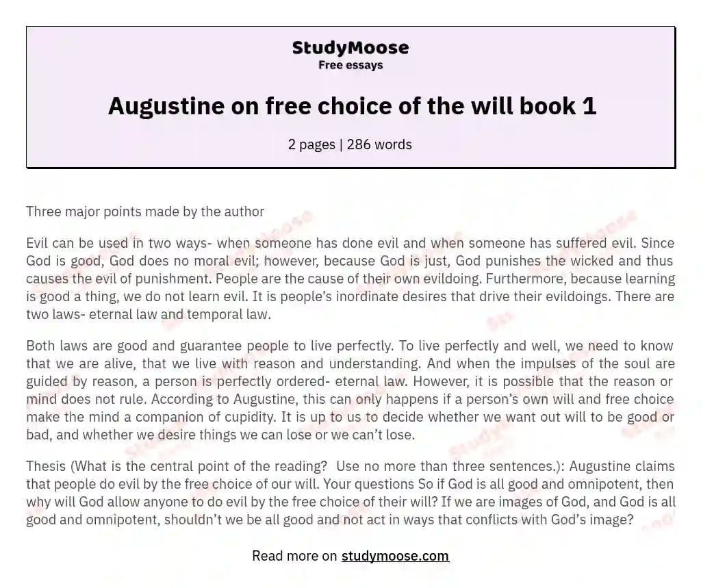 Augustine on free choice of the will book 1 essay