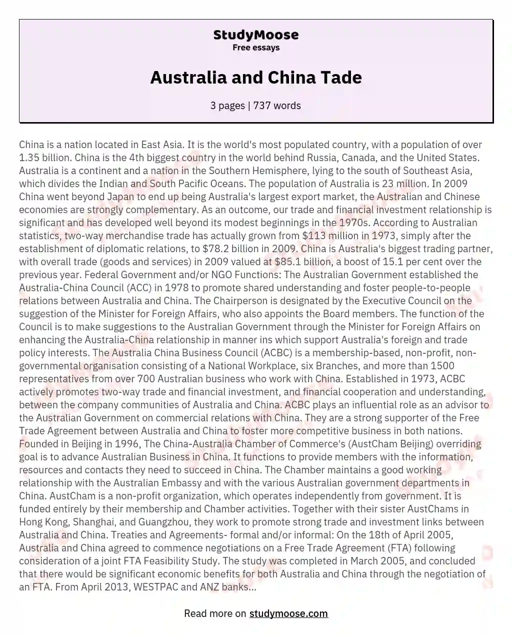 Australia and China Tade essay