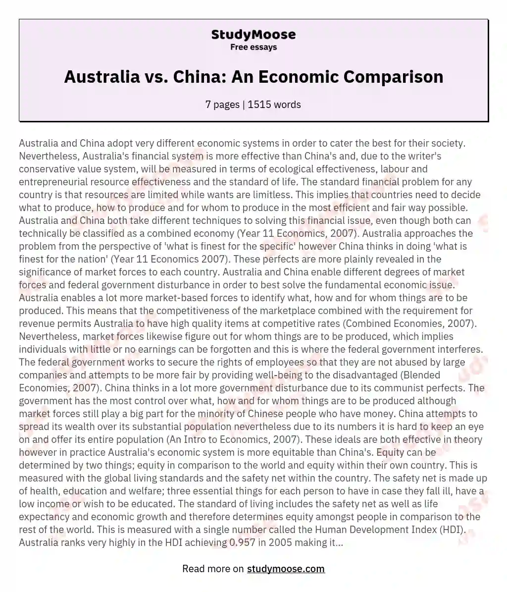 Australia vs. China: An Economic Comparison essay