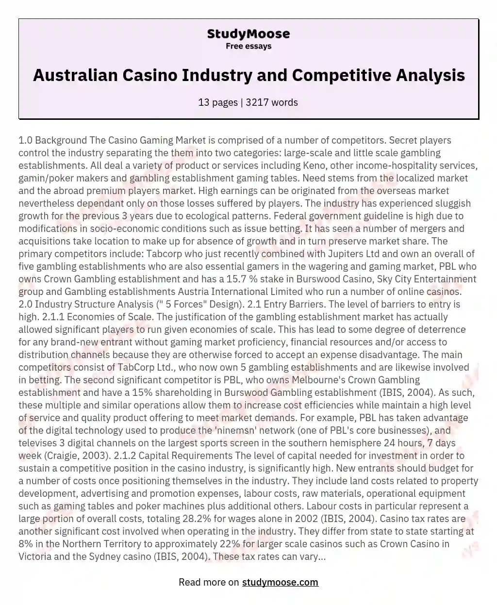 Australian Casino Industry and Competitive Analysis