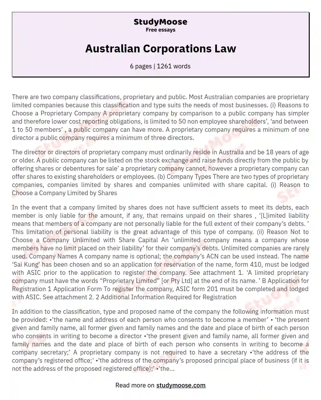 Australian Corporations Law essay