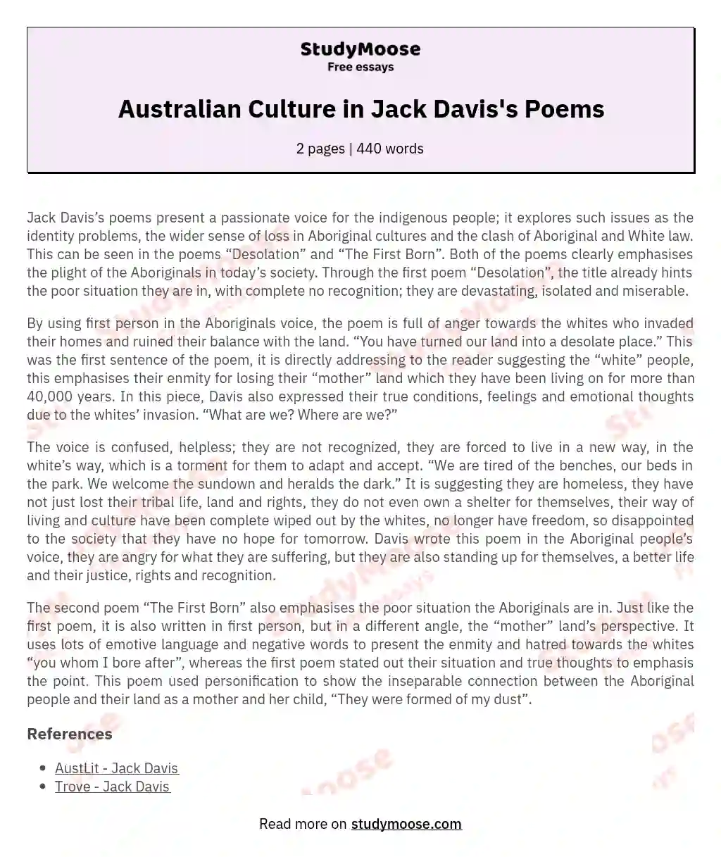 Australian Culture in Jack Davis's Poems