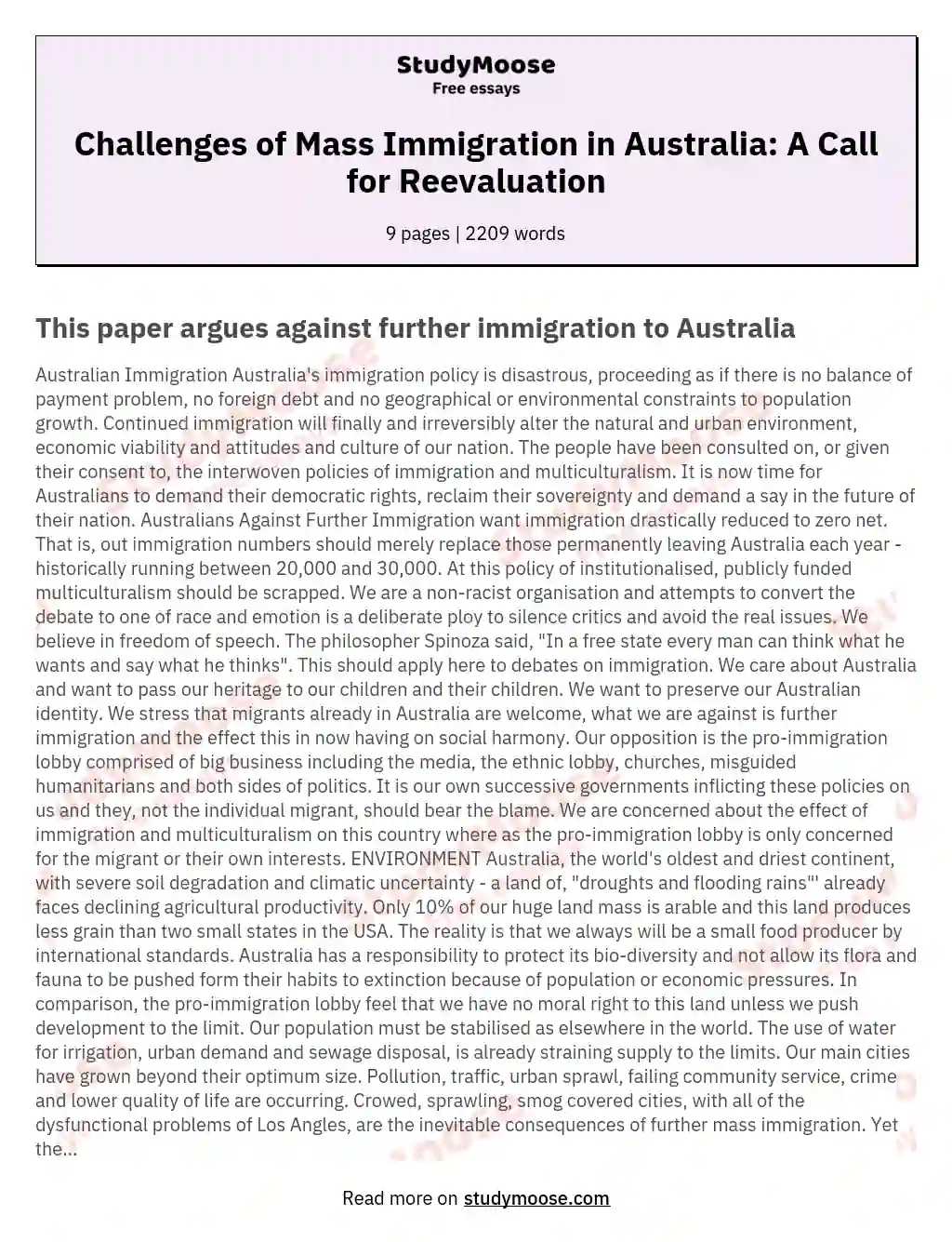 Challenges of Mass Immigration in Australia: A Call for Reevaluation essay