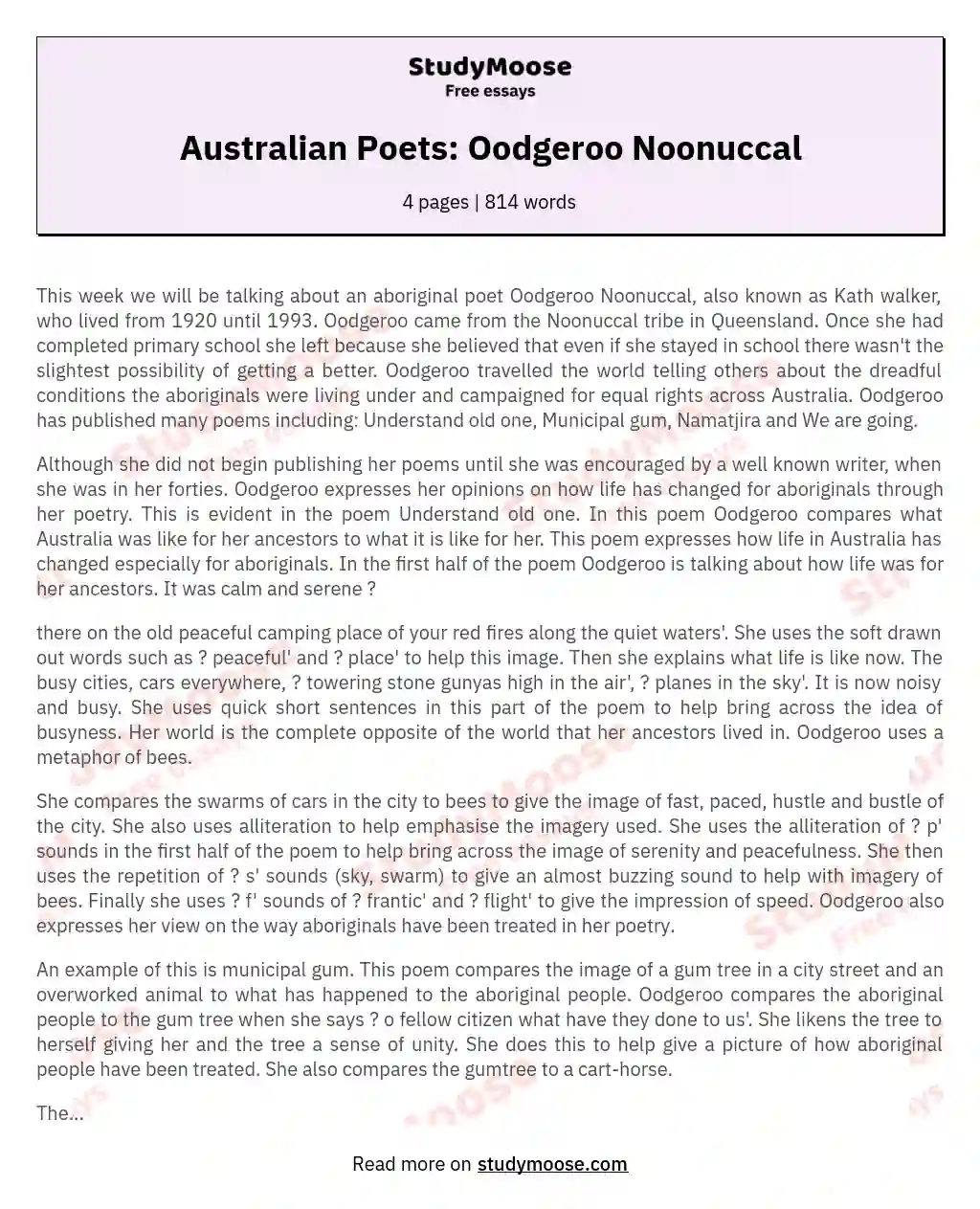 Australian Poets: Oodgeroo Noonuccal essay