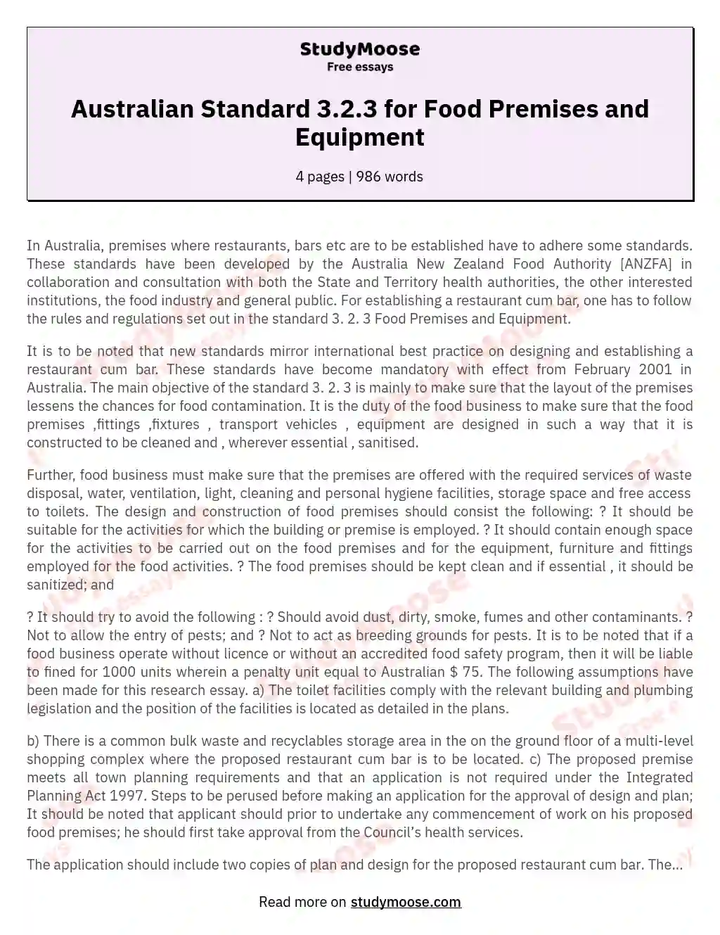 Australian Standard 3.2.3 for Food Premises and Equipment essay
