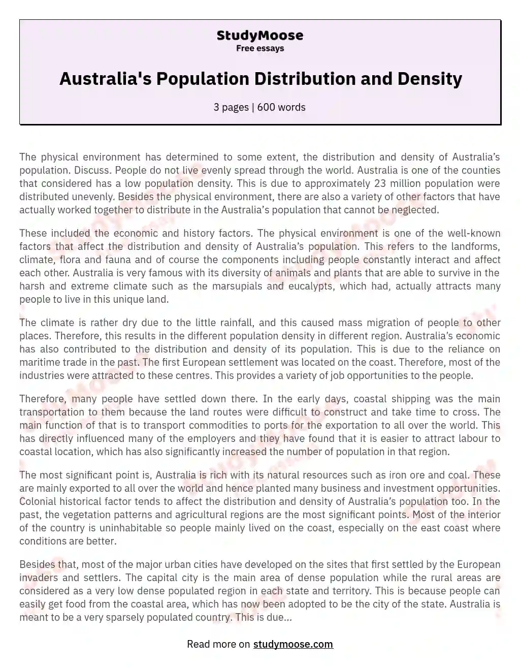 Australia's Population Distribution and Density essay