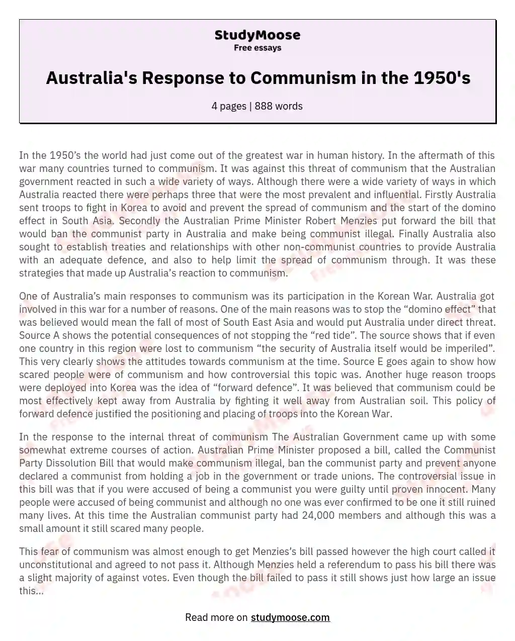 Australia's Response to Communism in the 1950's essay