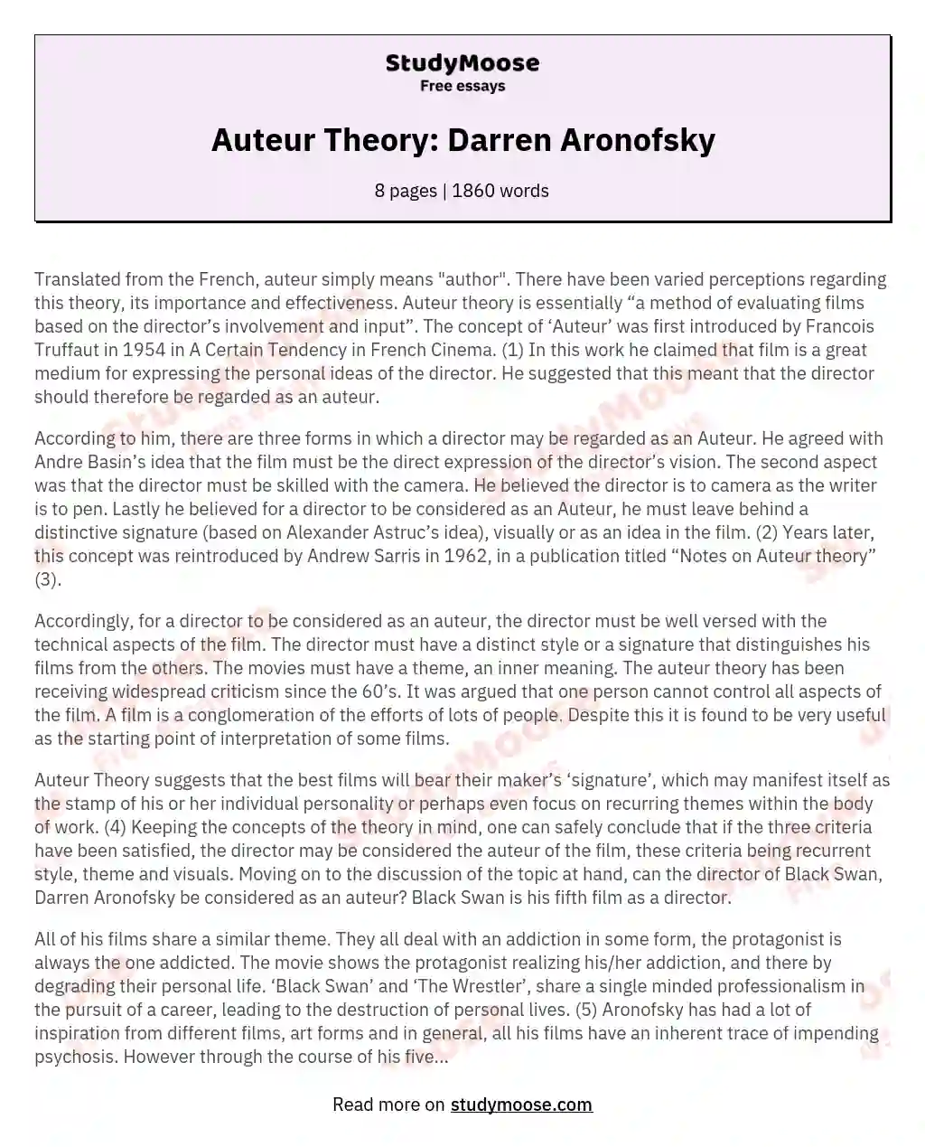 Darren Aronofsky's Auteur Style in Black Swan essay