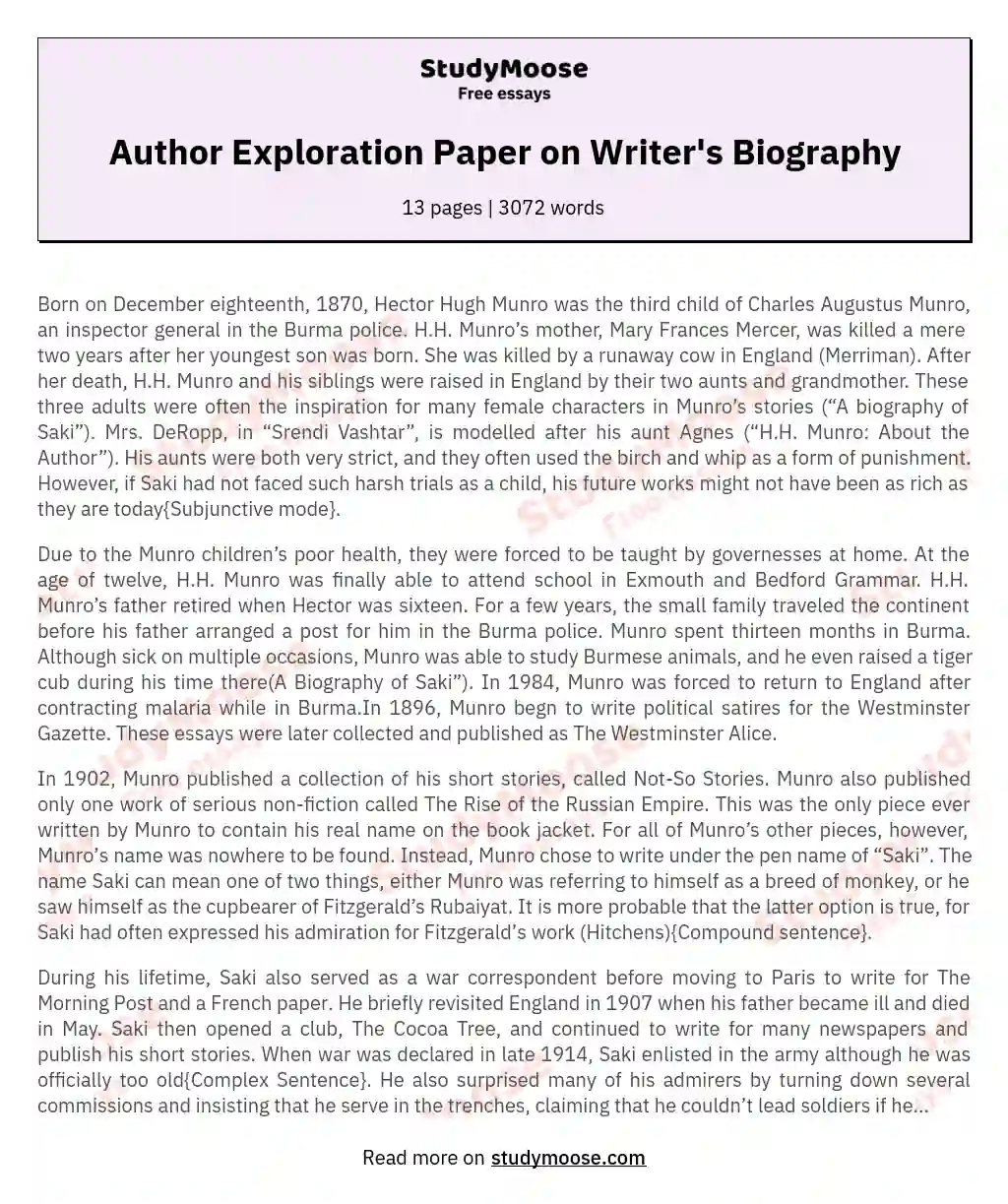 Author Exploration Paper on Writer's Biography