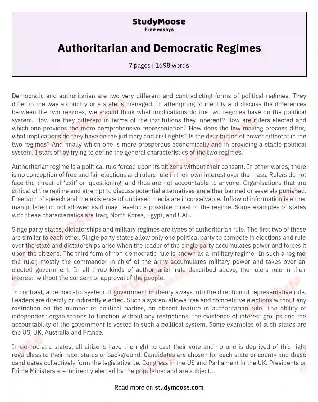 Authoritarian and Democratic Regimes essay