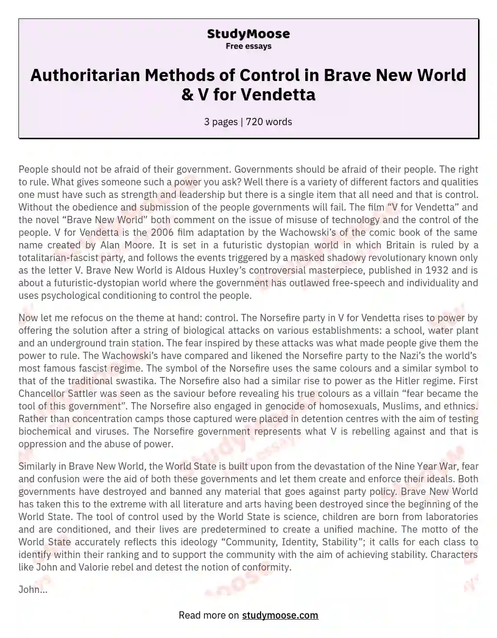 Authoritarian Methods of Control in Brave New World & V for Vendetta