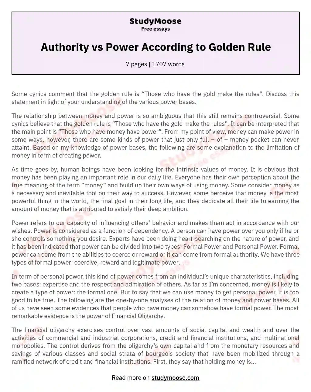 Authority vs Power According to Golden Rule essay