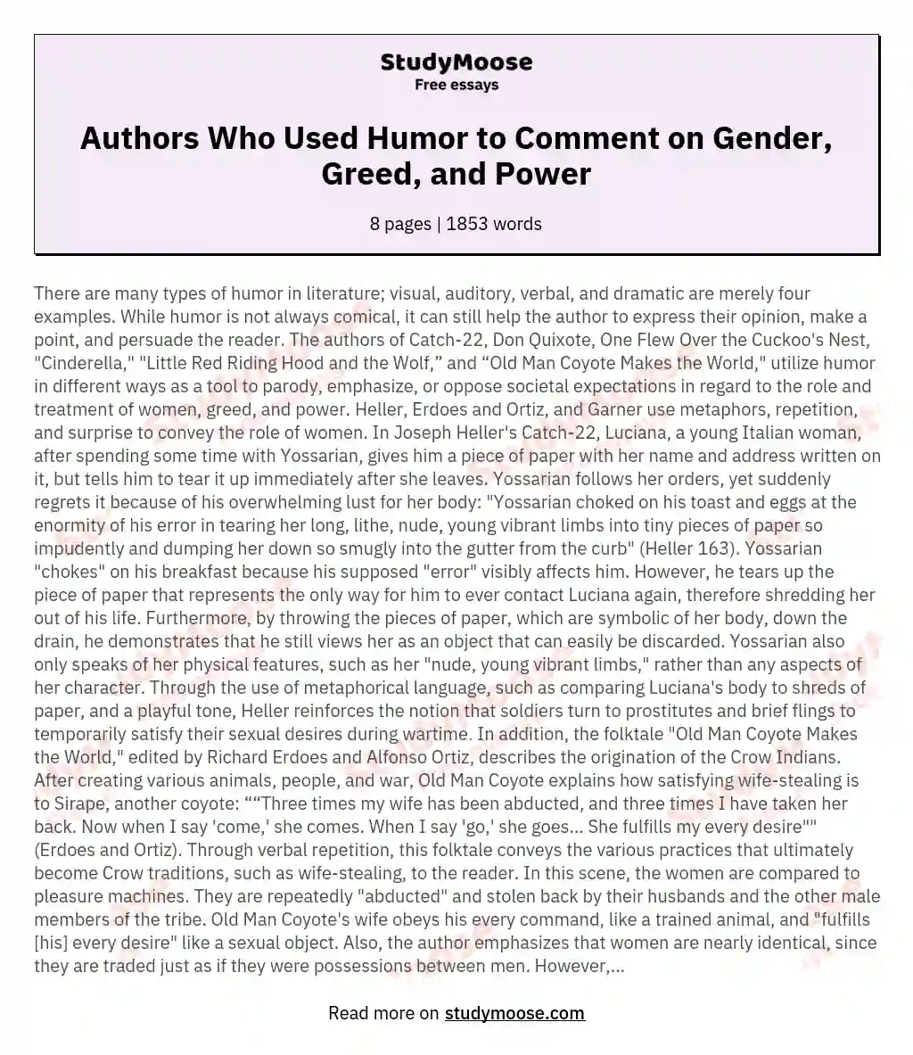 Authors Who Used Humor to Comment on Gender, Greed, and Power essay