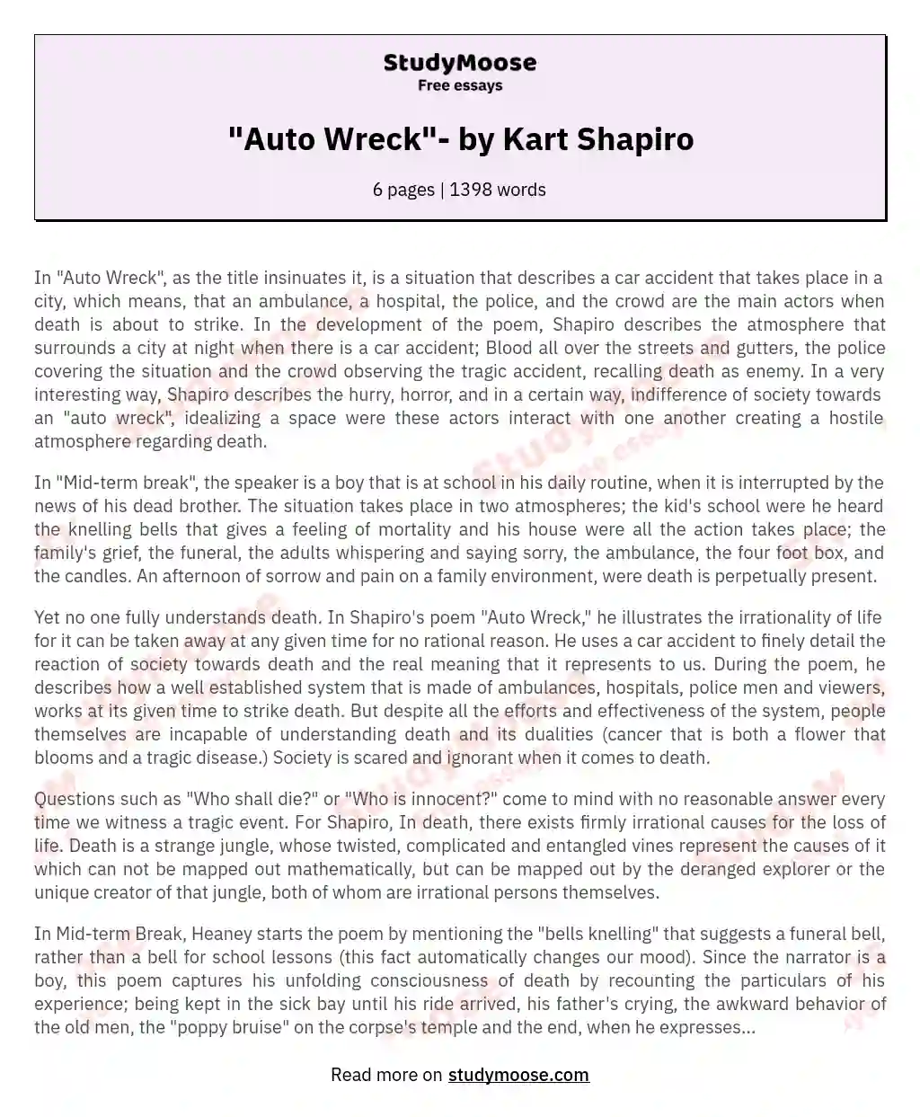 "Auto Wreck"- by Kart Shapiro essay