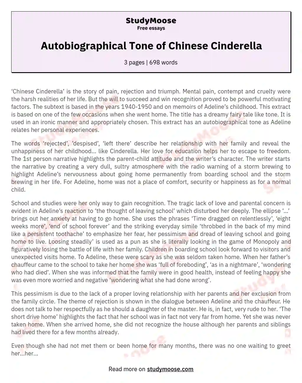 Autobiographical Tone of Chinese Cinderella