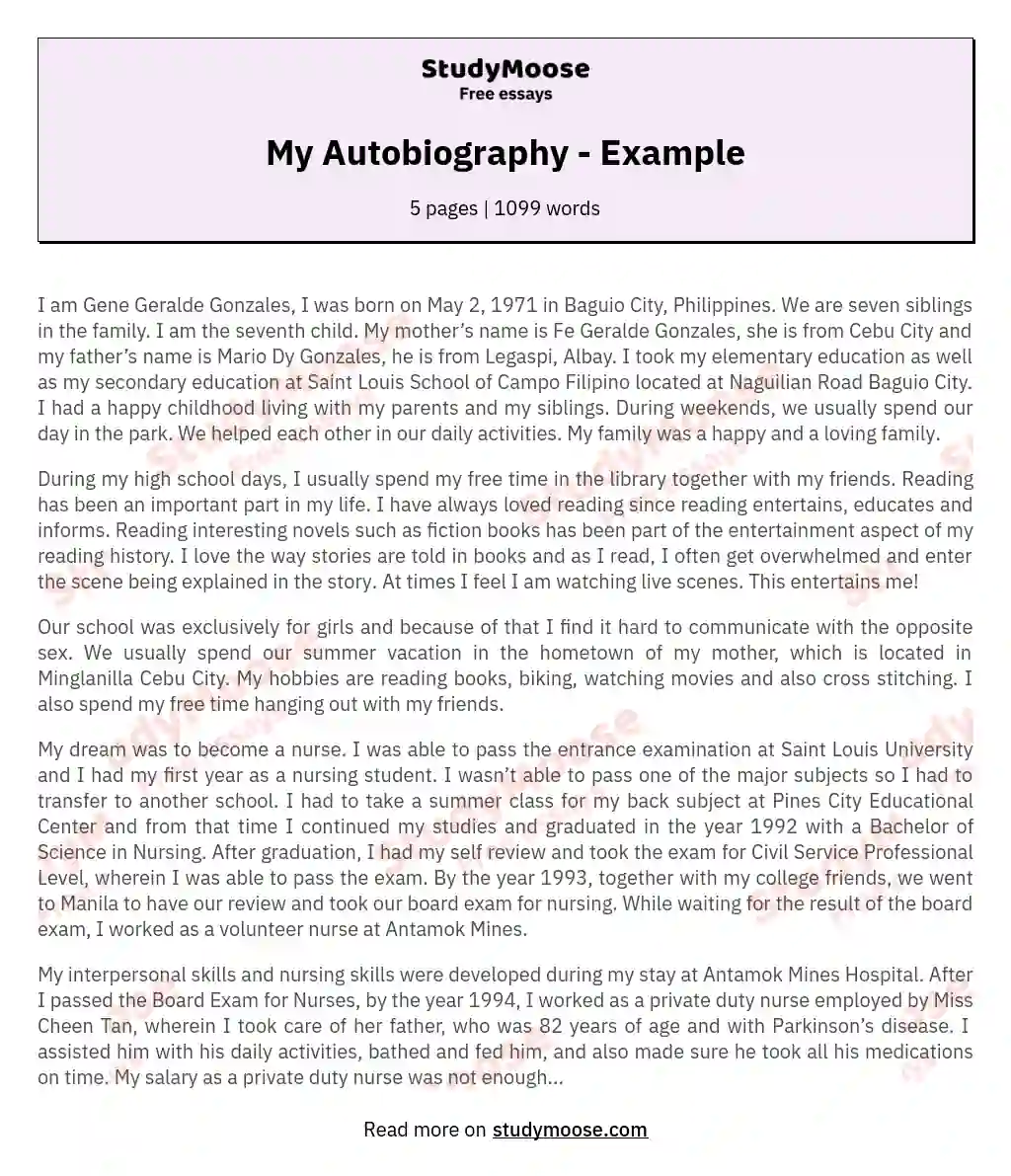 My Autobiography - Example Free Essay Example