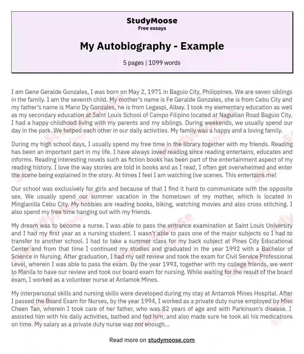 My Autobiography - Example essay