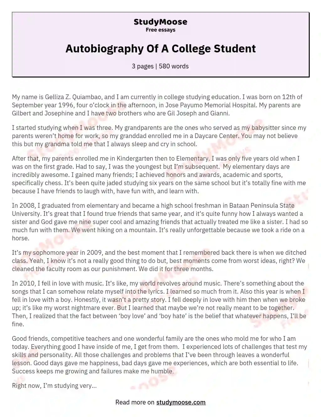 autobiography assignment college
