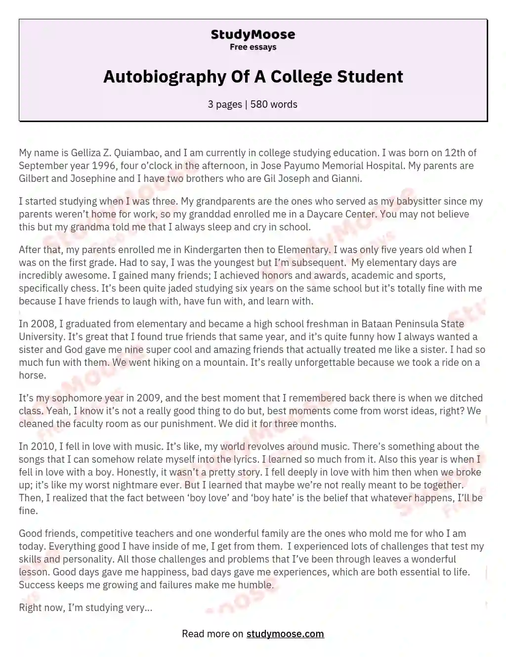 autobiography example for college admission