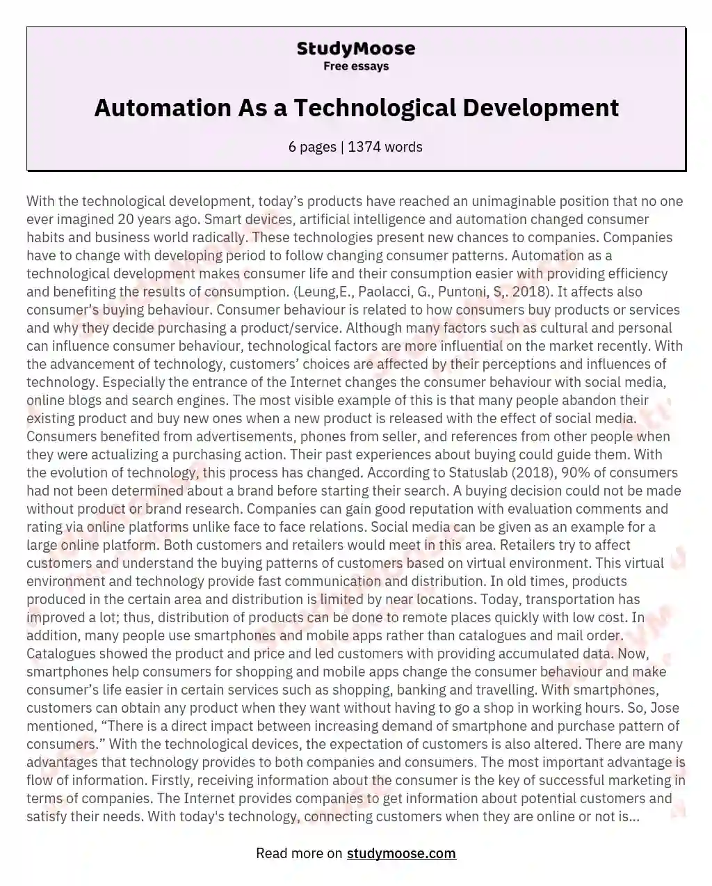 Automation As a Technological Development essay