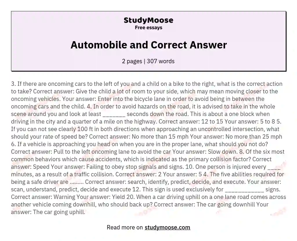 Automobile and Correct Answer essay