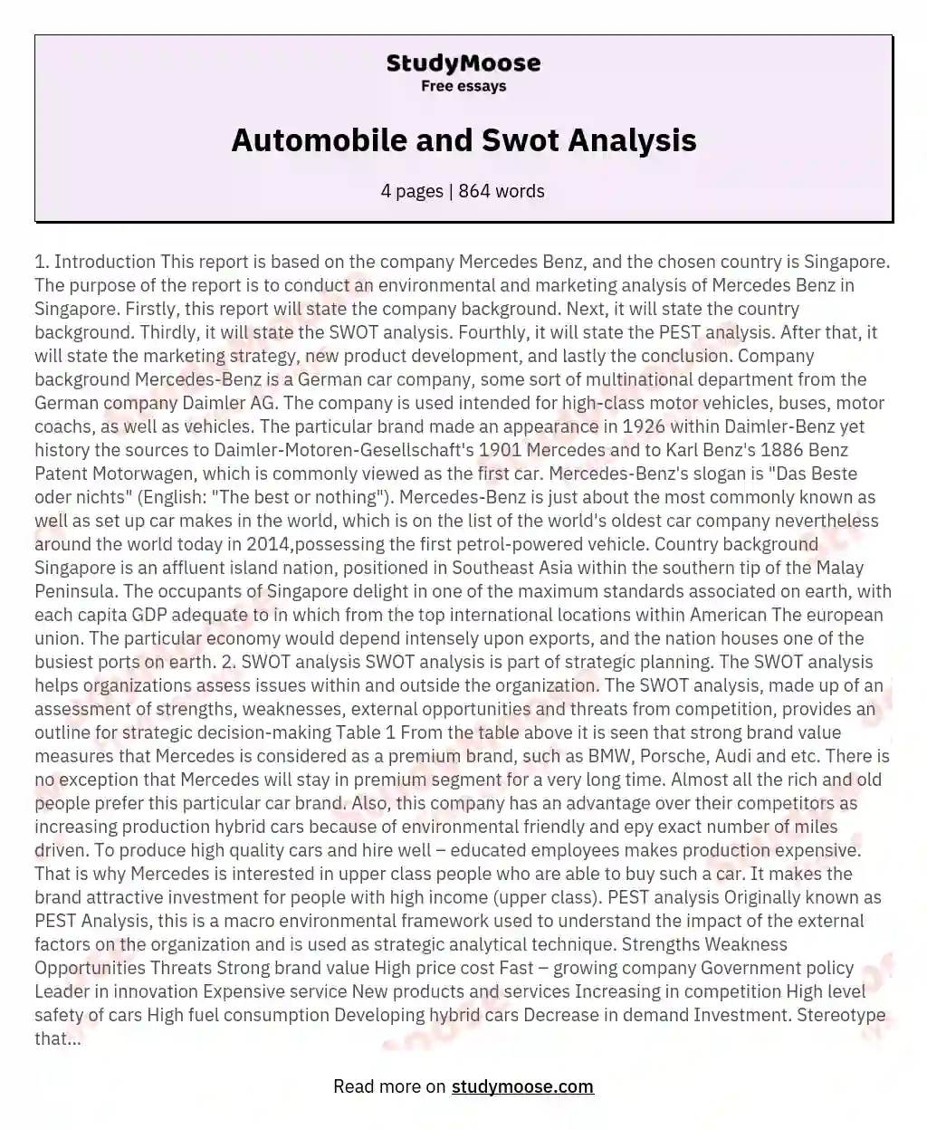 Automobile and Swot Analysis essay
