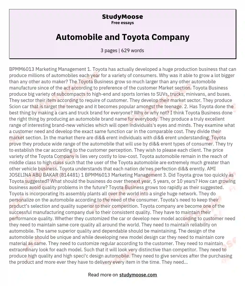 Automobile and Toyota Company essay