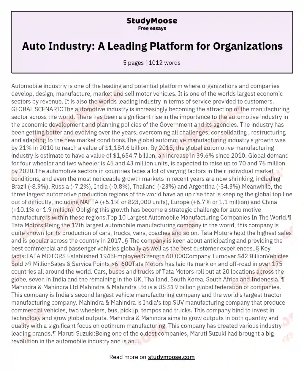 Auto Industry: A Leading Platform for Organizations essay