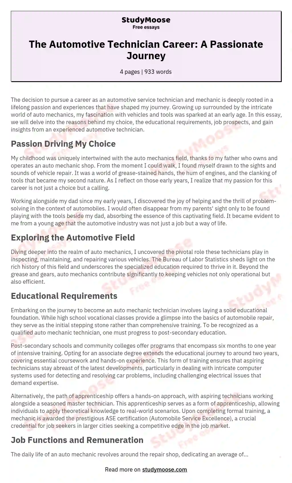 The Automotive Technician Career: A Passionate Journey essay