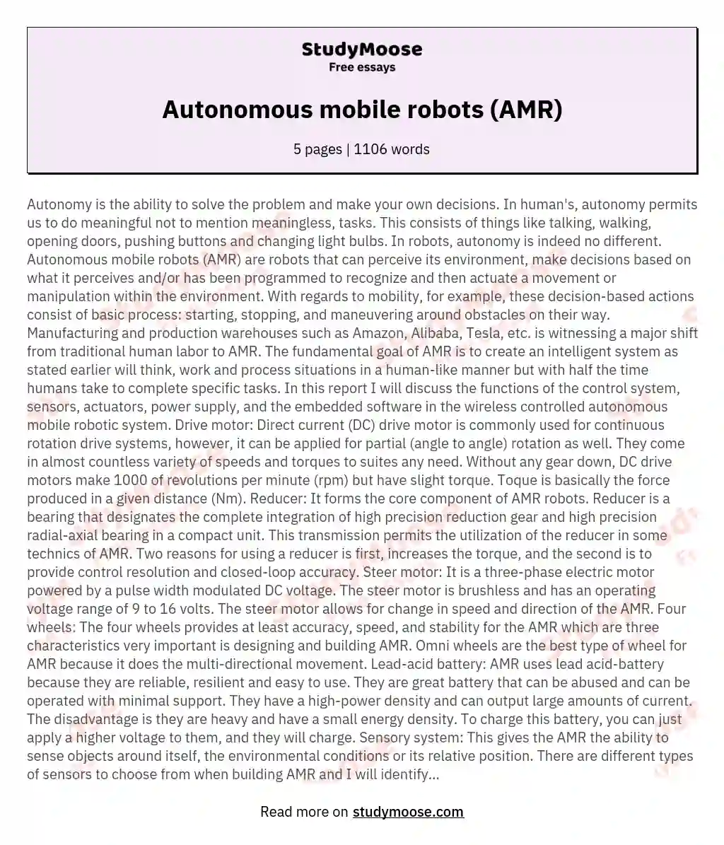Autonomous mobile robots (AMR) essay