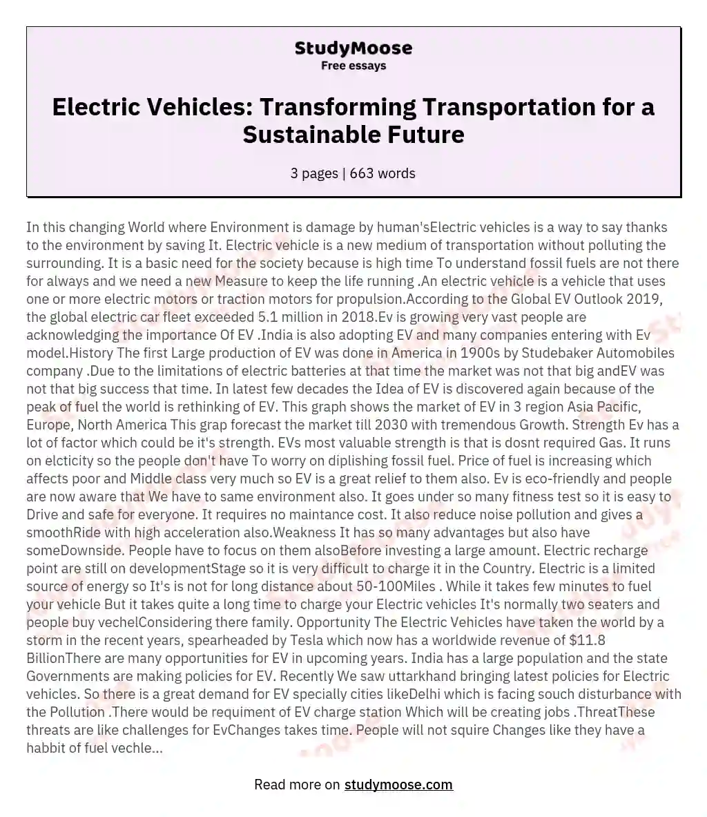Electric Vehicles: Transforming Transportation for a Sustainable Future essay