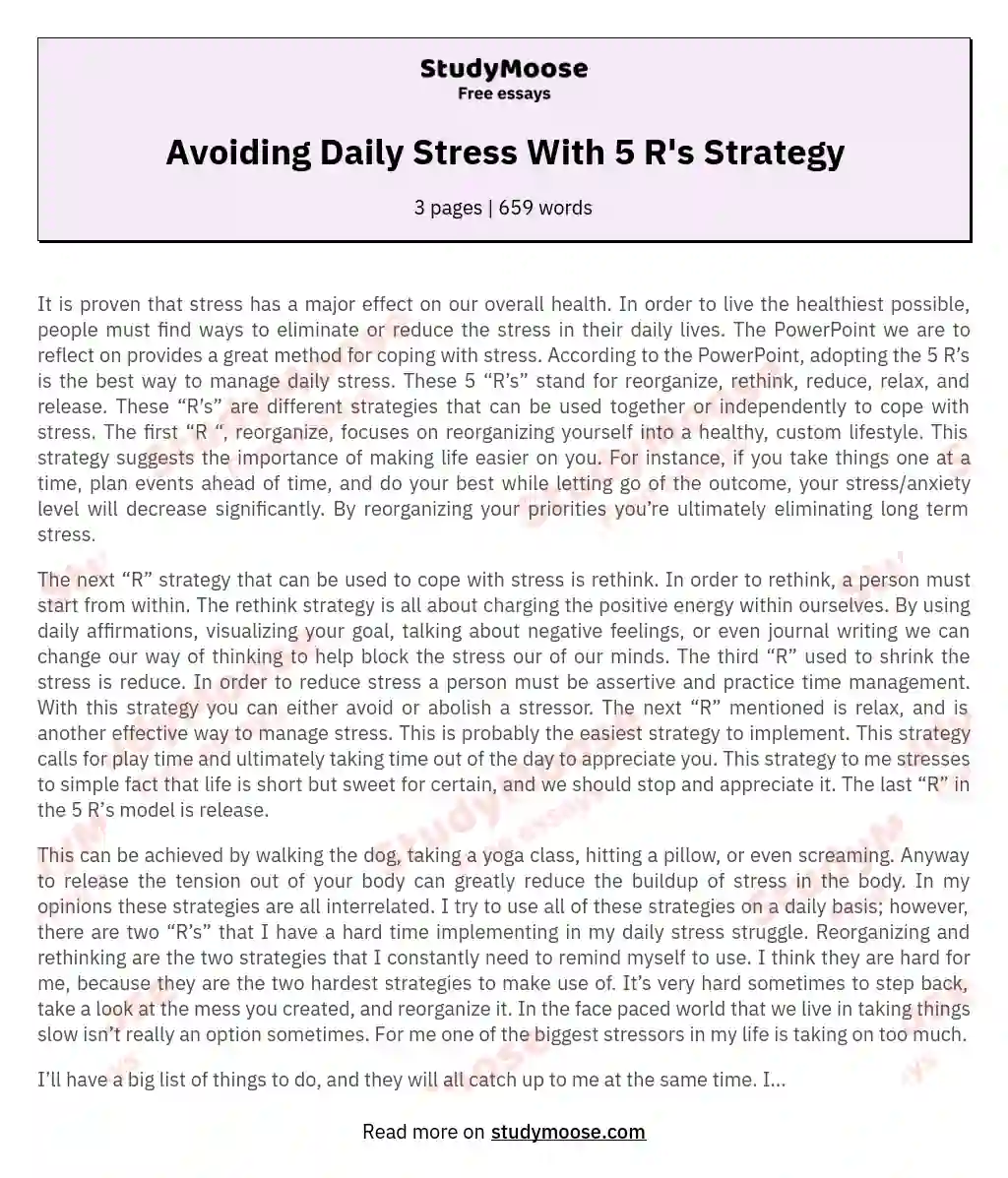 Avoiding Daily Stress With 5 R's Strategy essay