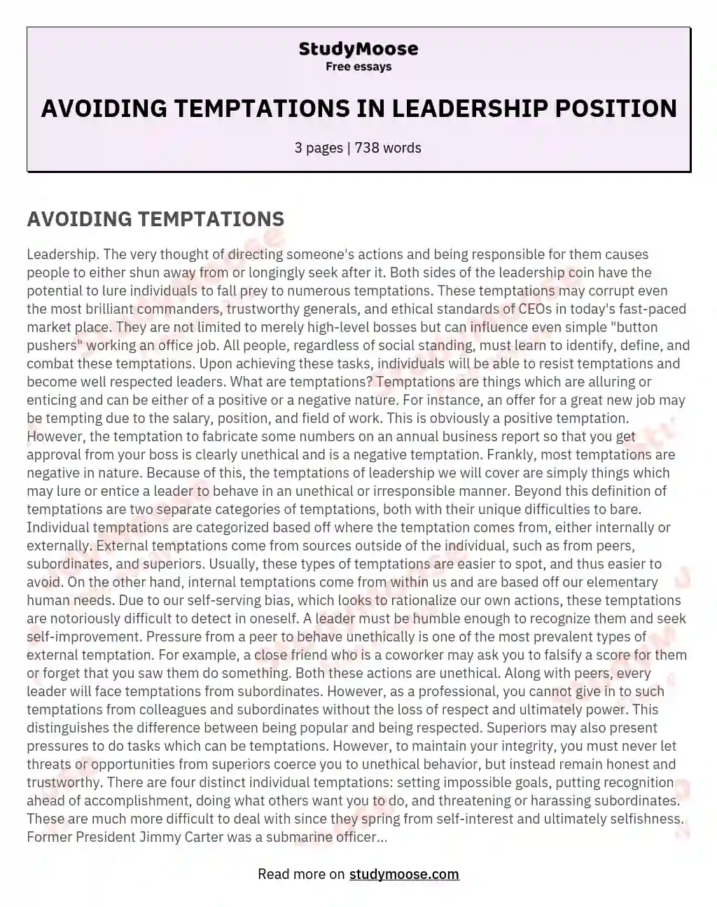 AVOIDING TEMPTATIONS IN LEADERSHIP POSITION essay