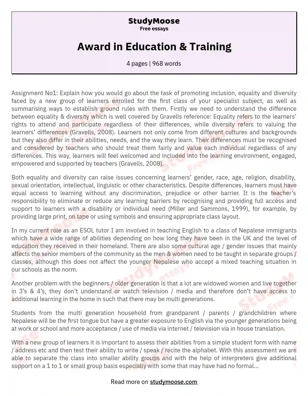 Award in Education & Training essay
