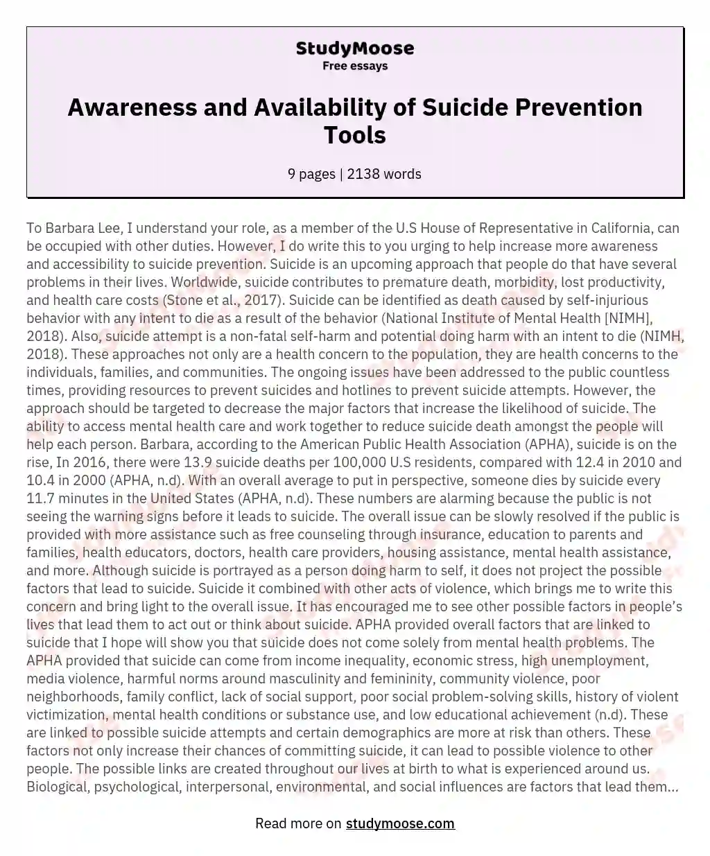 Awareness and Availability of Suicide Prevention Tools essay