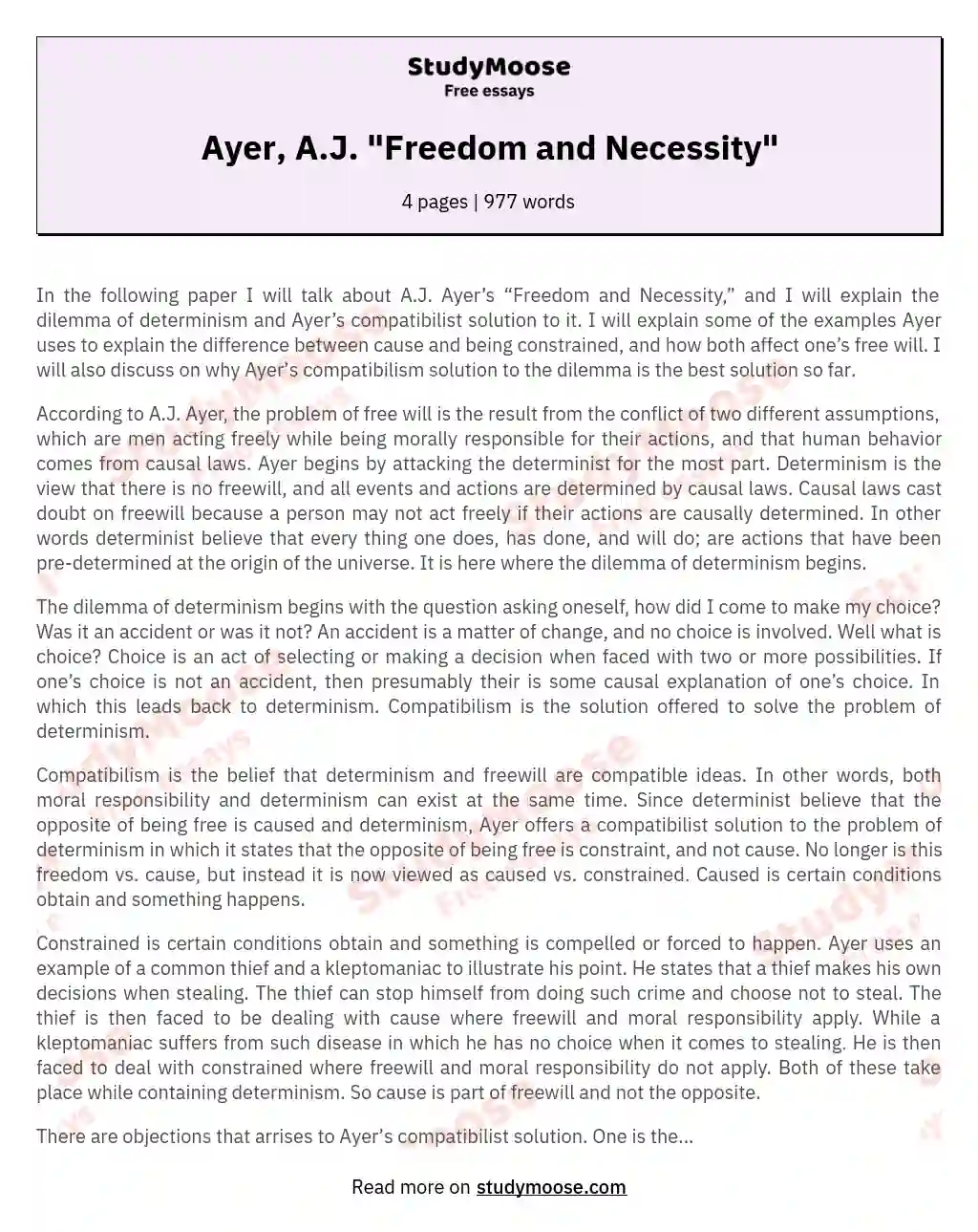 Ayer, A.J. "Freedom and Necessity" essay