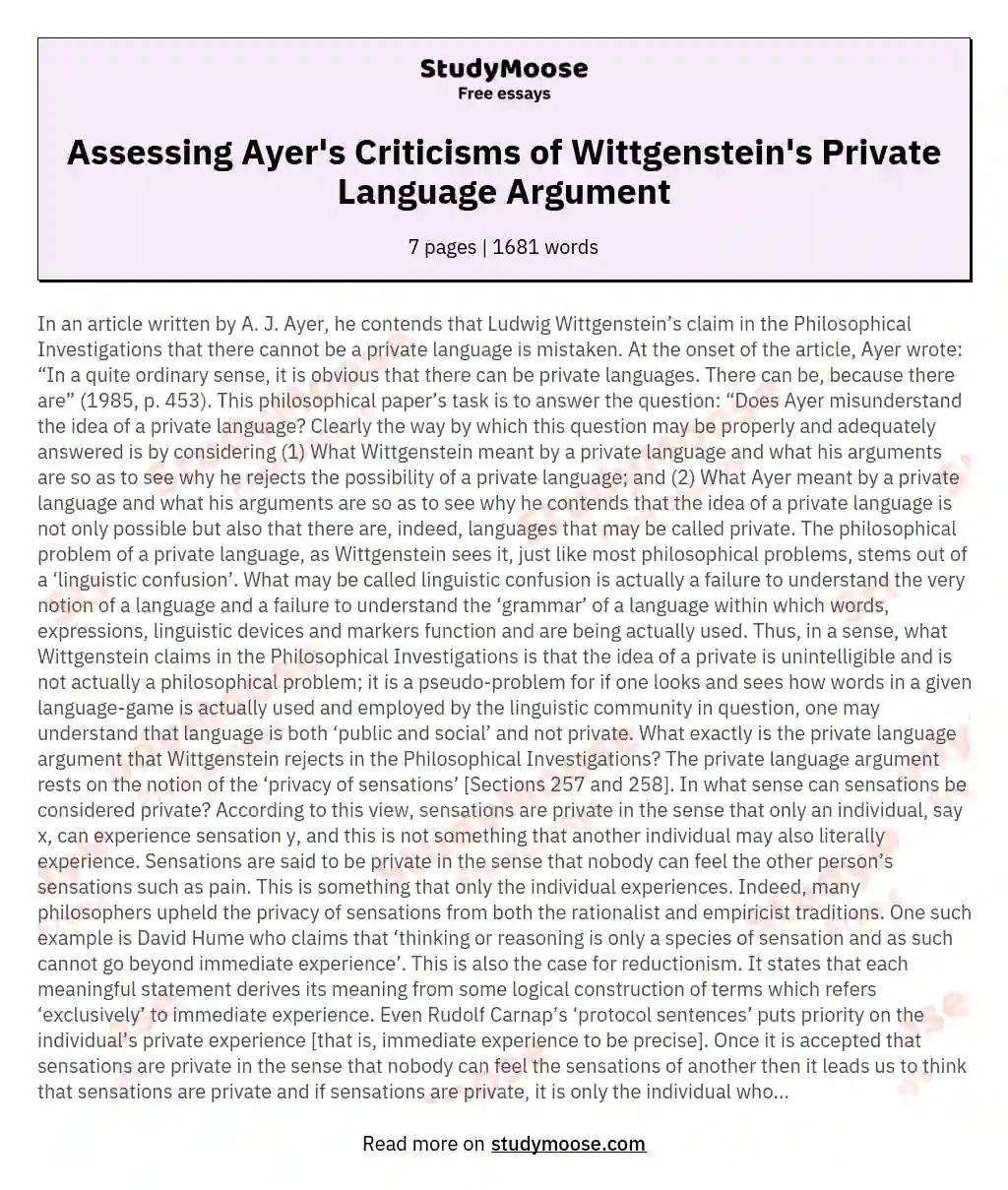 Assessing Ayer's Criticisms of Wittgenstein's Private Language Argument essay