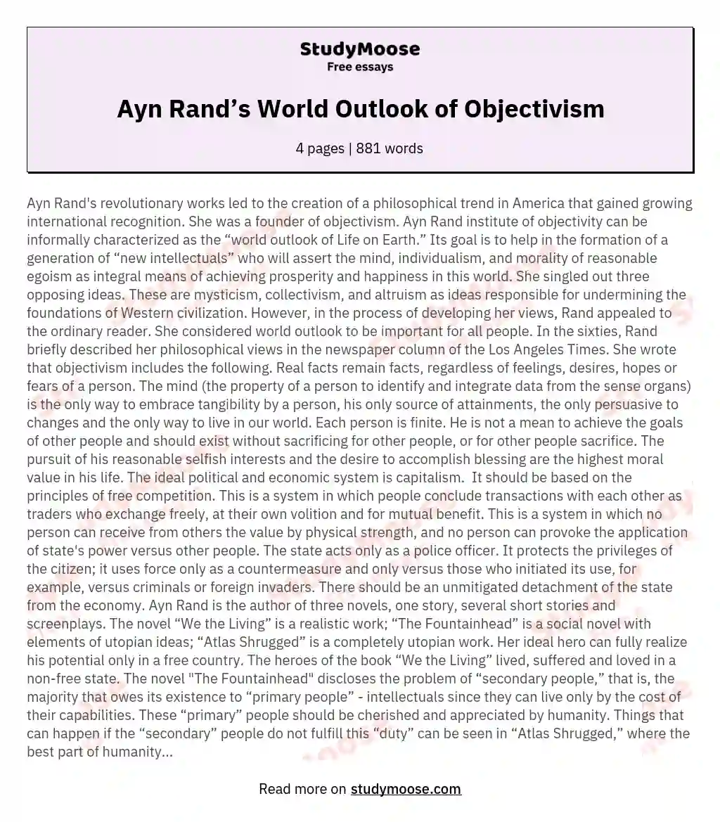 Ayn Rand’s World Outlook of Objectivism essay