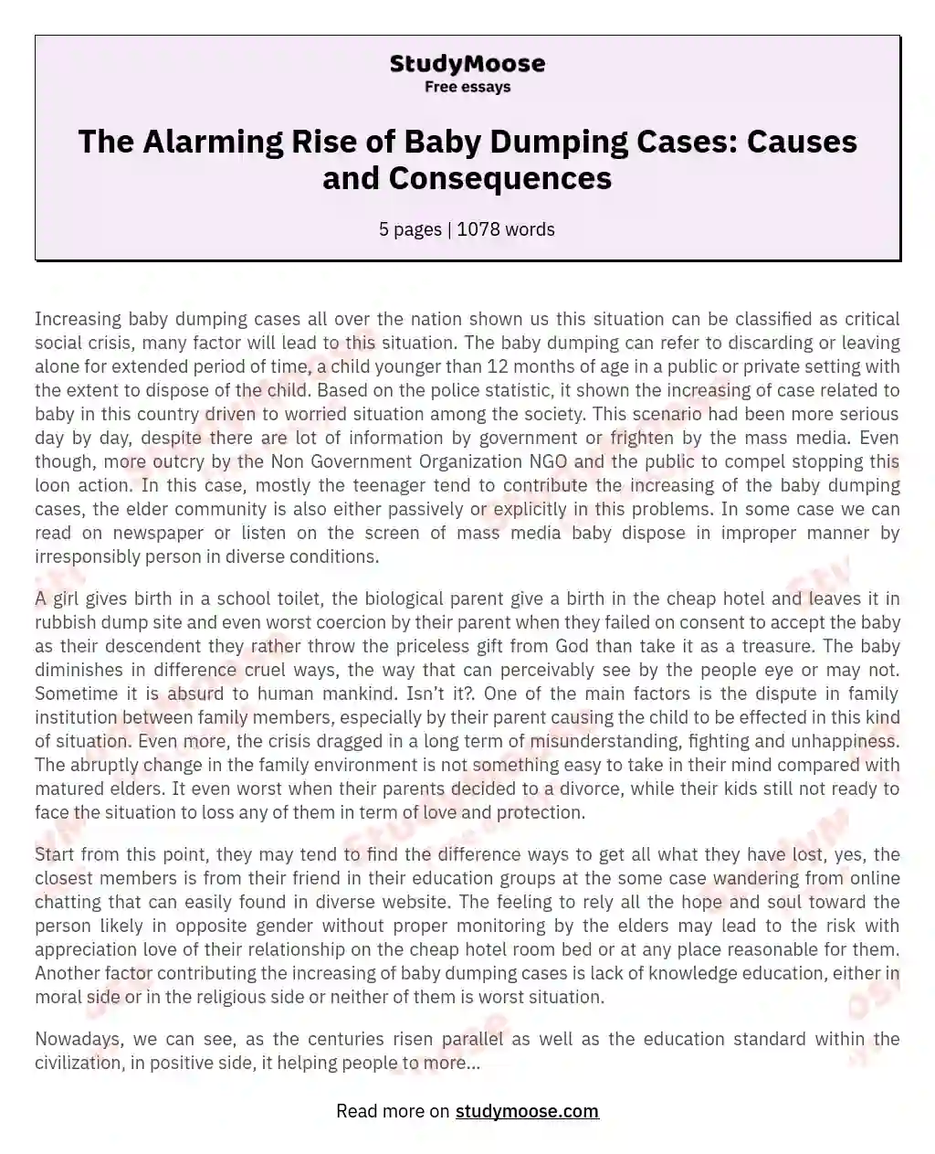 The Alarming Rise of Baby Dumping Cases: Causes and Consequences essay