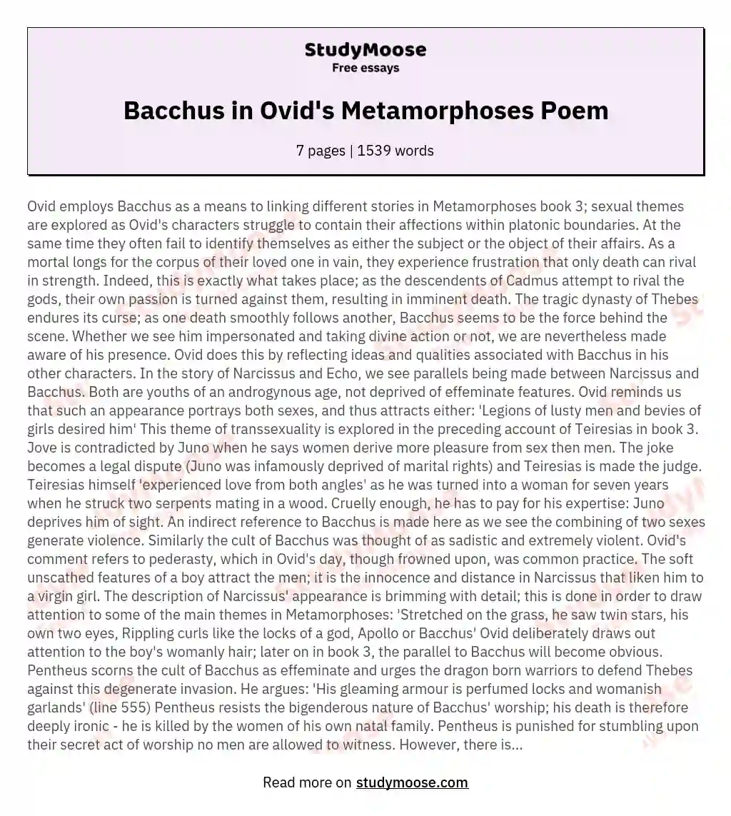 Bacchus in Ovid's Metamorphoses Poem essay