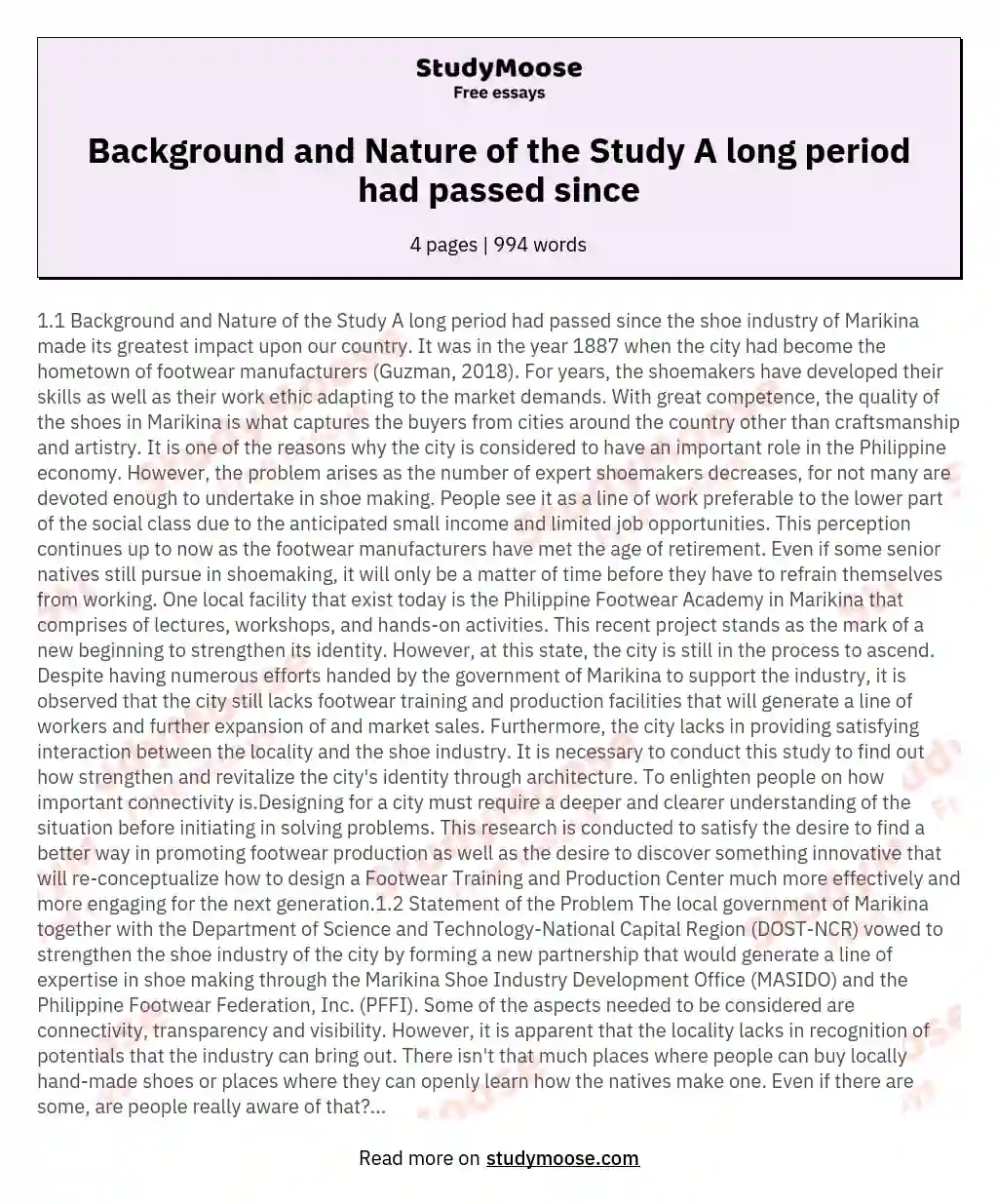 Background and Nature of the Study A long period had passed since essay