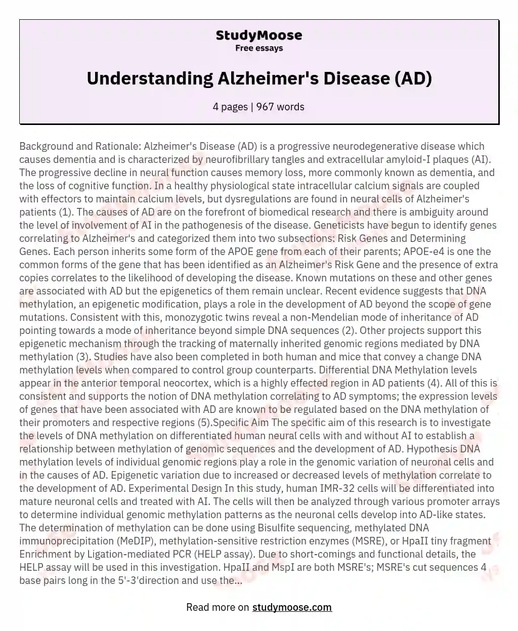 Background and Rationale Alzheimer's Disease AD is a progressive neurodegenerative disease which causes