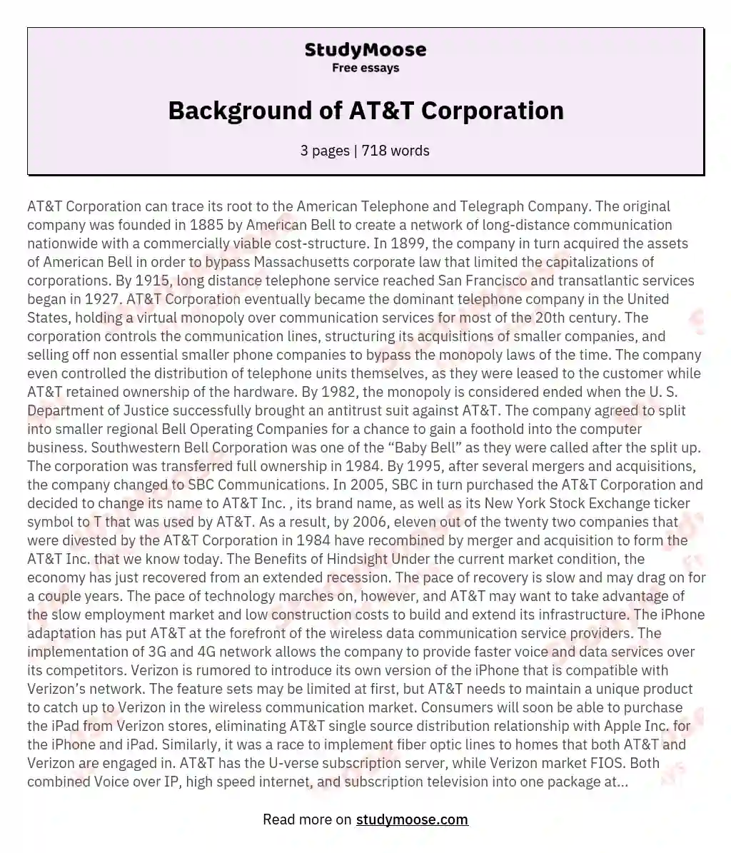 Background of AT&amp;T Corporation essay