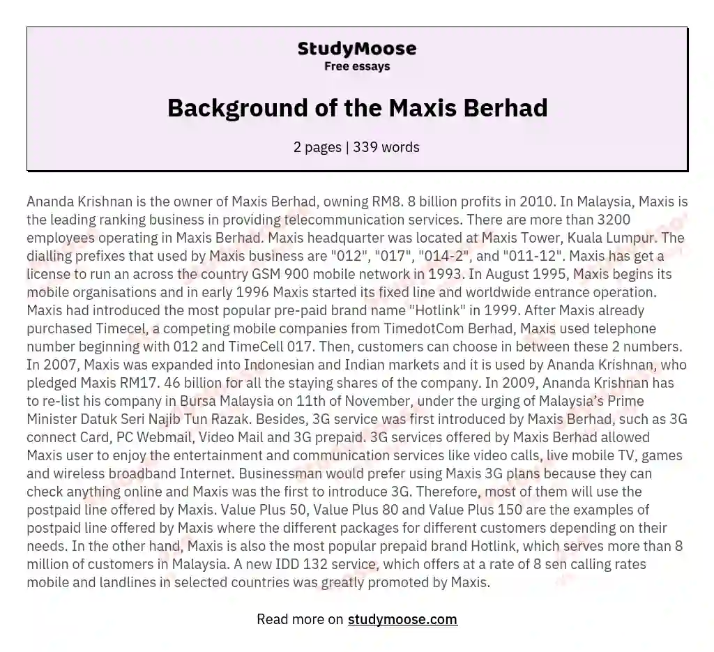 Background of the Maxis Berhad essay