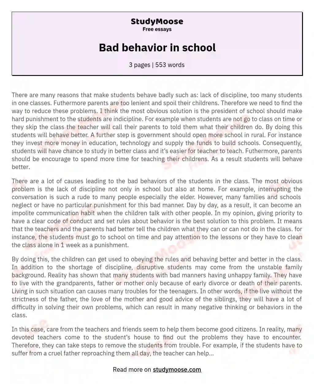 Bad behavior in school essay
