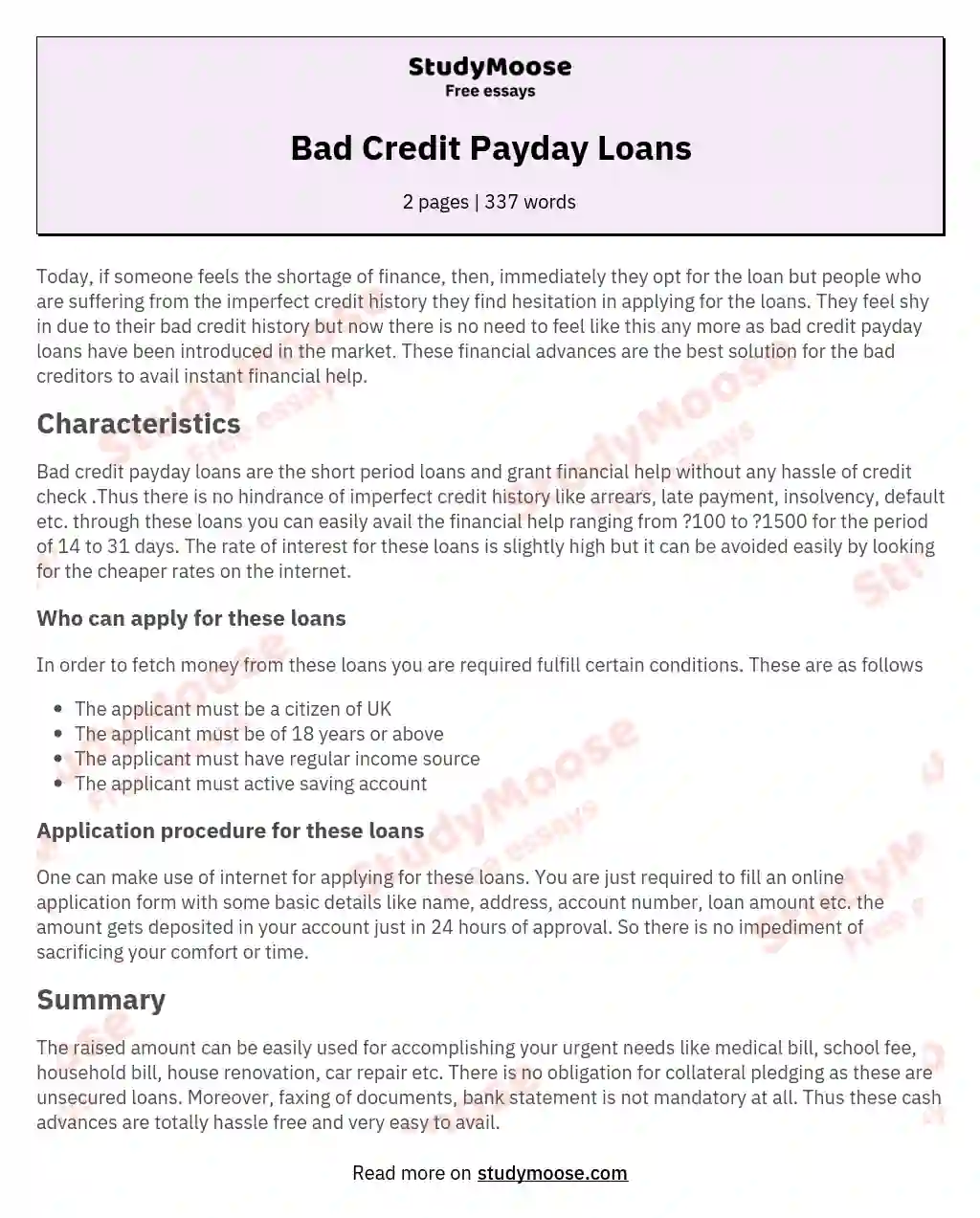 Bad Credit Payday Loans essay